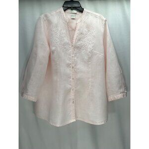 Women's Linen Blouse Button Front Pink Embroidered  By Tweeds Size L Vacation Be